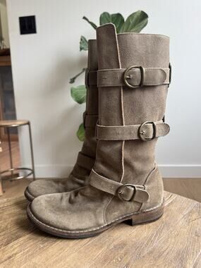 Fiorentini + Baker Eternity Boots Suede Leather Mid Calf 37 7 Tan Beige 3 Buckle